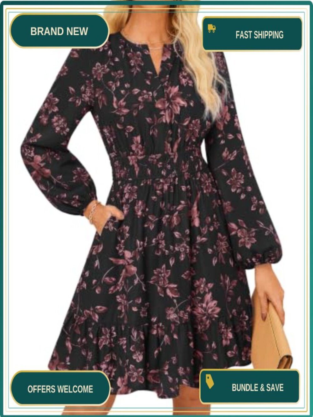 Women's V-Neck A-Line Knee Length Dress with Pockets